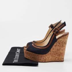 Christian Louboutin Navy Blue Denim Une Plume Cork Wedge Sandals Size 35