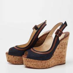 Christian Louboutin Navy Blue Denim Une Plume Cork Wedge Sandals Size 35