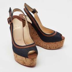 Christian Louboutin Navy Blue Denim Une Plume Cork Wedge Sandals Size 35