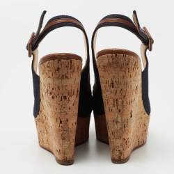 Christian Louboutin Navy Blue Denim Une Plume Cork Wedge Sandals Size 35