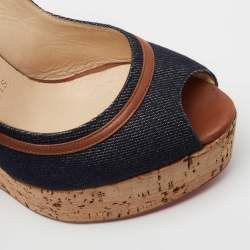 Christian Louboutin Navy Blue Denim Une Plume Cork Wedge Sandals Size 35