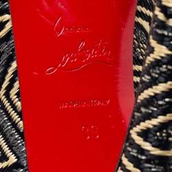 Pre Owned Christian Louboutin Black/Beige Raffia Geometric Design Peep Toe Platform Pumps Size 39