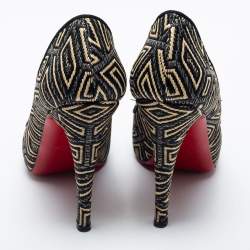 Pre Owned Christian Louboutin Black/Beige Raffia Geometric Design Peep Toe Platform Pumps Size 39