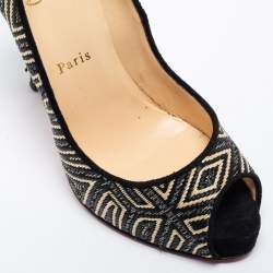 Pre Owned Christian Louboutin Black/Beige Raffia Geometric Design Peep Toe Platform Pumps Size 39