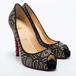 Pre Owned Christian Louboutin Black/Beige Raffia Geometric Design Peep Toe Platform Pumps Size 39