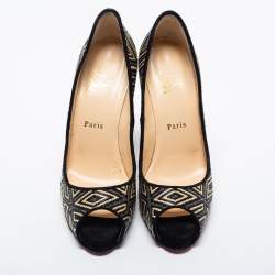 Pre Owned Christian Louboutin Black/Beige Raffia Geometric Design Peep Toe Platform Pumps Size 39