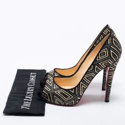 Pre Owned Christian Louboutin Black/Beige Raffia Geometric Design Peep Toe Platform Pumps Size 39