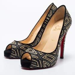 Pre Owned Christian Louboutin Black/Beige Raffia Geometric Design Peep Toe Platform Pumps Size 39