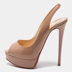Pre Owned Christian Louboutin Beige Patent Leather Lady Peep Platform Slingback Sandals Size 37.5
