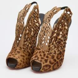 Christian Louboutin Brown Leopard Print Calf Hair Laser Cut Out Markesling Slingback Booties Size 40