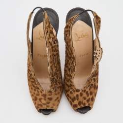 Christian Louboutin Brown Leopard Print Calf Hair Laser Cut Out Markesling Slingback Booties Size 40
