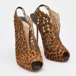 Christian Louboutin Brown Leopard Print Calf Hair Laser Cut Out Markesling Slingback Booties Size 40