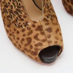 Christian Louboutin Brown Leopard Print Calf Hair Laser Cut Out Markesling Slingback Booties Size 40