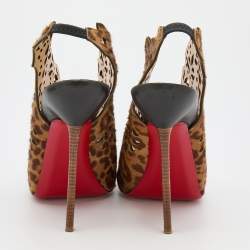 Christian Louboutin Brown Leopard Print Calf Hair Laser Cut Out Markesling Slingback Booties Size 40