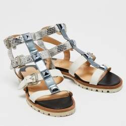 Christian Louboutin Tricolor Leather and Python Embossed Studded Rock N Buckle Flat Sandals Side 36