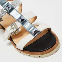 Christian Louboutin Tricolor Leather and Python Embossed Studded Rock N Buckle Flat Sandals Side 36