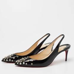 Pre Owned Christian Louboutin Black Patent Leather Drama Studded Slingback Sandals Size 38