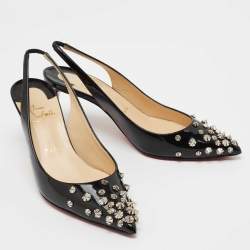 Pre Owned Christian Louboutin Black Patent Leather Drama Studded Slingback Sandals Size 38