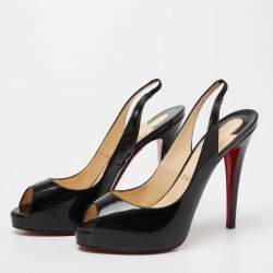 Pre Owned Christian Louboutin Black Patent Leather Private Number Peep Toe Slingback Sandals Size 38.5