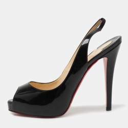 Pre Owned Christian Louboutin Black Patent Leather Private Number Peep Toe Slingback Sandals Size 38.5