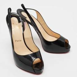 Pre Owned Christian Louboutin Black Patent Leather Private Number Peep Toe Slingback Sandals Size 38.5