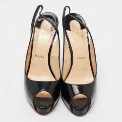 Pre Owned Christian Louboutin Black Patent Leather Private Number Peep Toe Slingback Sandals Size 38.5