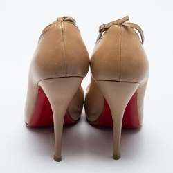 Pre Owned Christian Louboutin Beige Leather Ankle Strap Pumps Size 37.5