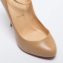 Pre Owned Christian Louboutin Beige Leather Ankle Strap Pumps Size 37.5