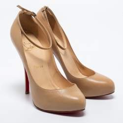 Pre Owned Christian Louboutin Beige Leather Ankle Strap Pumps Size 37.5