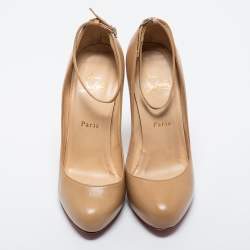 Pre Owned Christian Louboutin Beige Leather Ankle Strap Pumps Size 37.5