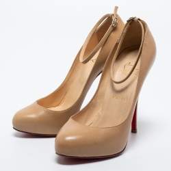 Pre Owned Christian Louboutin Beige Leather Ankle Strap Pumps Size 37.5