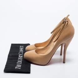 Pre Owned Christian Louboutin Beige Leather Ankle Strap Pumps Size 37.5