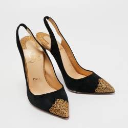 Pre Owned Christian Louboutin Black Suede And Metallic Gold Glitter Almine Pointed Toe Slingback Sandals Size 37