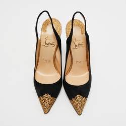 Pre Owned Christian Louboutin Black Suede And Metallic Gold Glitter Almine Pointed Toe Slingback Sandals Size 37