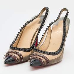 Pre Owned Christian Louboutin Tricolor PVC and Leather Paulina Studded Slingback Pumps Size 38