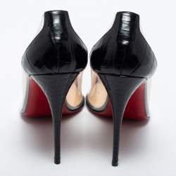 Pre Owned Christian Louboutin Black/White Croc Embossed Leather and PVC Debout Pumps Size 38