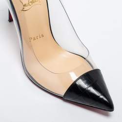 Pre Owned Christian Louboutin Black/White Croc Embossed Leather and PVC Debout Pumps Size 38