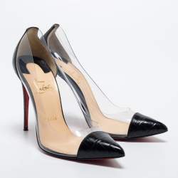 Pre Owned Christian Louboutin Black/White Croc Embossed Leather and PVC Debout Pumps Size 38