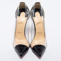 Pre Owned Christian Louboutin Black/White Croc Embossed Leather and PVC Debout Pumps Size 38