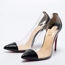 Pre Owned Christian Louboutin Black/White Croc Embossed Leather and PVC Debout Pumps Size 38