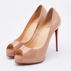 Pre Owned حذاء كعب عالي كريستيان لوبوتان نيو برايف جلد بيج لامع بمقدمة مفتوحة مقاس 37