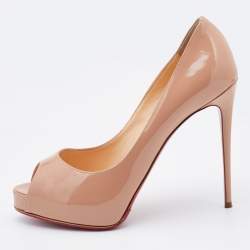 Pre Owned حذاء كعب عالي كريستيان لوبوتان نيو برايف جلد بيج لامع بمقدمة مفتوحة مقاس 37