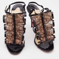Christian Louboutin Black Patent Leather/Mesh and Lace Fortitia Ankle Strap Sandals Size 36.5