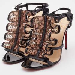 Christian Louboutin Black Patent Leather/Mesh and Lace Fortitia Ankle Strap Sandals Size 36.5