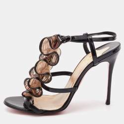 Christian Louboutin Black Patent Leather/Mesh and Lace Fortitia Ankle Strap Sandals Size 36.5