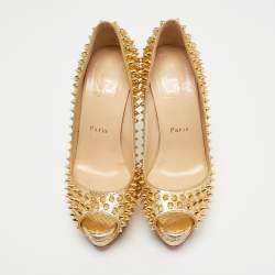 Christian Louboutin Gold Python Leather Lady Peep Toe Spikes Platform Pumps Size 36.5