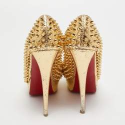 Christian Louboutin Gold Python Leather Lady Peep Toe Spikes Platform Pumps Size 36.5