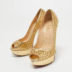 Christian Louboutin Gold Python Leather Lady Peep Toe Spikes Platform Pumps Size 36.5