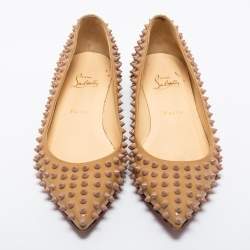 Pre Owned Christian Louboutin Beige Patent Leather Pigalle Spikes Ballet Flats Size 39.5