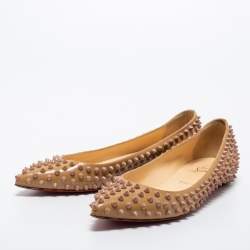 Pre Owned Christian Louboutin Beige Patent Leather Pigalle Spikes Ballet Flats Size 39.5
